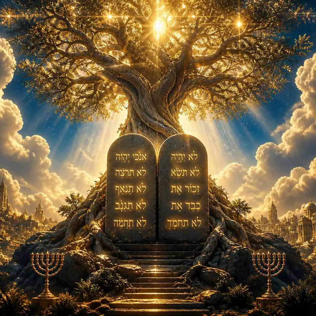 Imagem artística inspirada na Bíblia mostrando as tábuas dos Dez Mandamentos em hebraico diante de uma grande árvore iluminada por luz celestial, cercada por nuvens e menorás douradas.