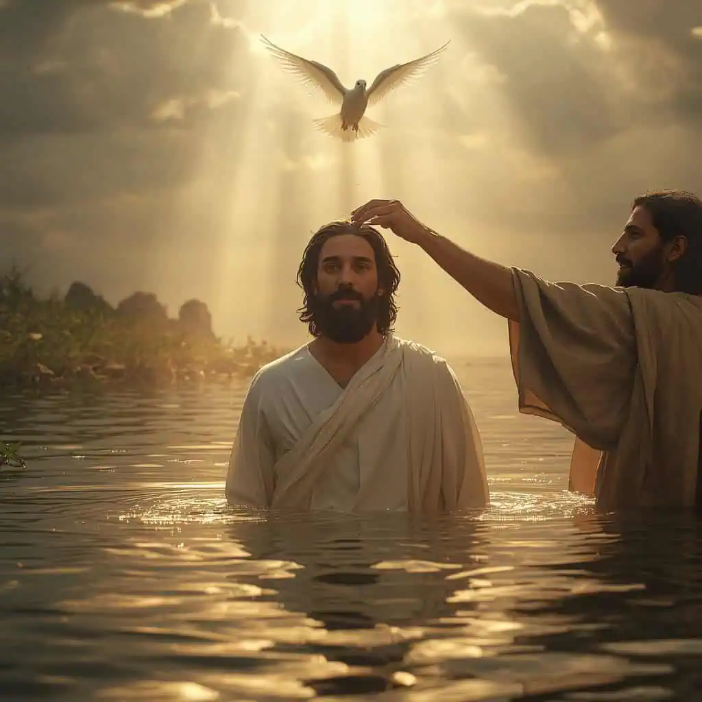 Imagem artística do batismo de Jesus nas águas, com uma pomba branca descendo do céu enquanto raios de luz iluminam a cena espiritual.