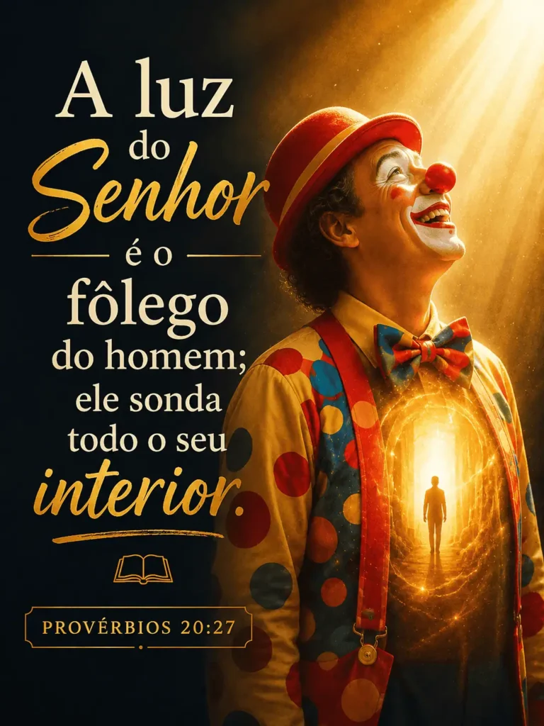 Imagem inspiradora baseada em Provérbios 20:27 mostrando um palhaço profissional da alegria olhando para uma luz dourada celestial, simbolizando esperança, fé e a luz de Deus sondando o interior do homem.