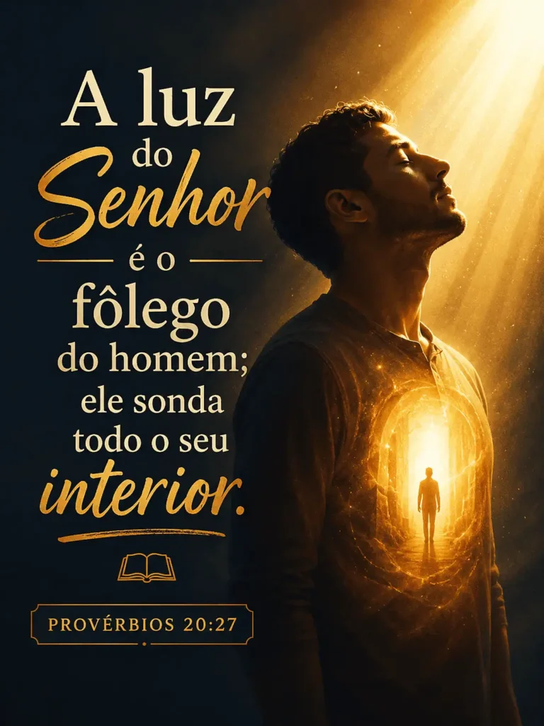 Imagem inspiradora baseada em Provérbios 20:27 mostrando um homem iluminado por uma luz dourada divina, simbolizando que a luz do Senhor sonda o interior do ser humano.