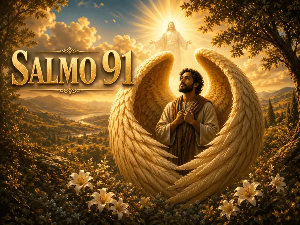 Imagem inspirada no Salmo 91 mostrando um homem com asas angelicais olhando para o céu enquanto Jesus aparece iluminado ao fundo. O cenário possui montanhas, flores e luz dourada simbolizando proteção divina e fé.
