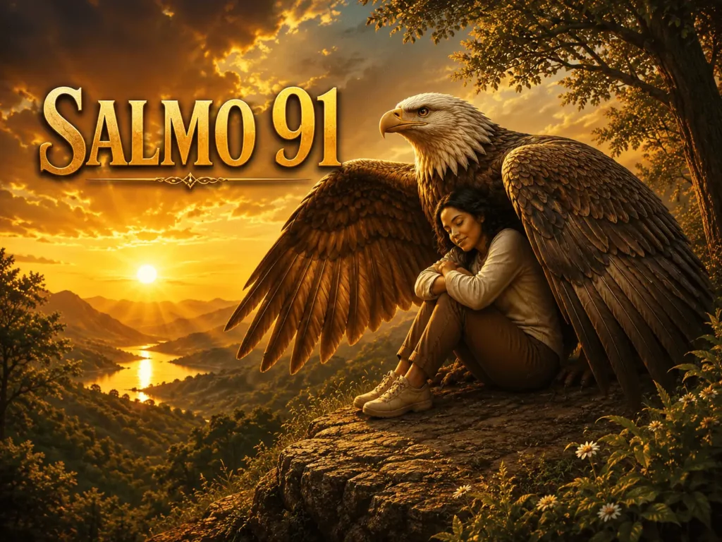Imagem inspirada no Salmo 91 mostrando uma mulher protegida sob as asas de uma grande águia dourada durante um pôr do sol iluminado. Ao fundo há montanhas, rio e céu dourado com o título “Salmo 91”.