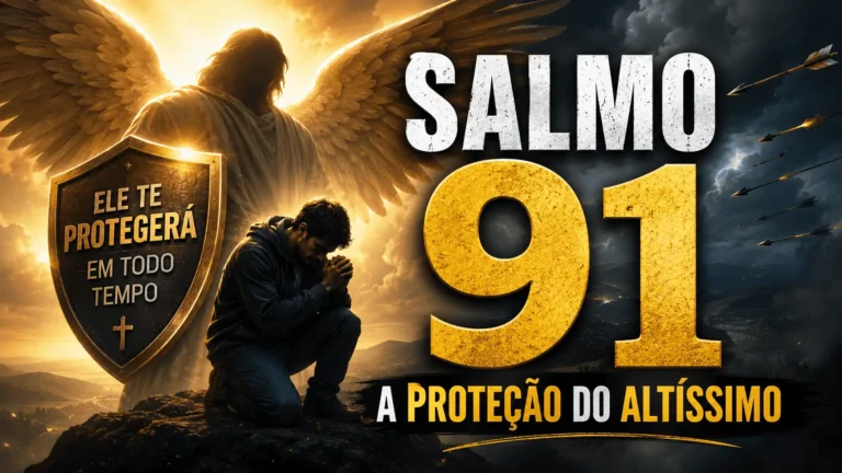 Thumbnail do Salmo 91 com um homem ajoelhado em oração diante de um anjo gigante com asas abertas, segurando um escudo escrito “Ele te protegerá em todo tempo”. Ao fundo, céu dramático com flechas e a frase “Salmo 91 – A Proteção do Altíssimo”.
