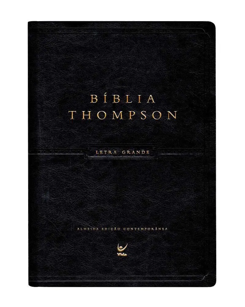 Bíblia Thompson Letra Grande capa luxo preta com índice lateral e acabamento premium em couro sintético preto.