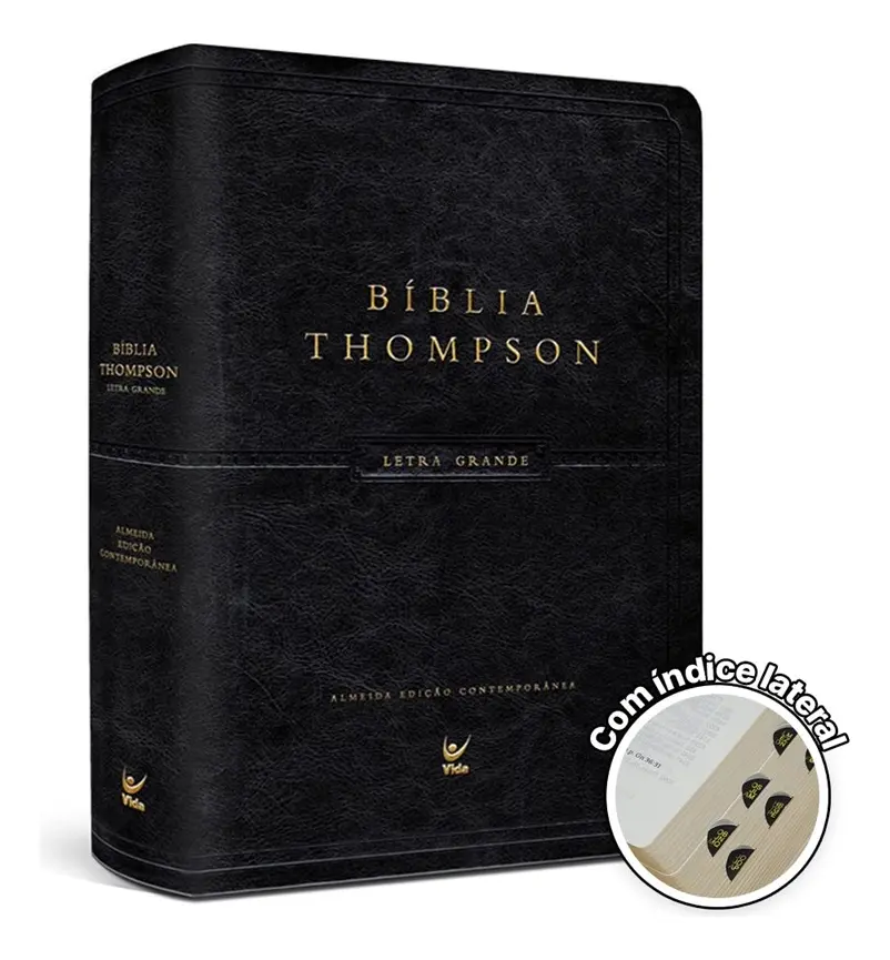 Bíblia Thompson Letra Grande capa luxo preta com índice lateral e acabamento premium em couro sintético preto.