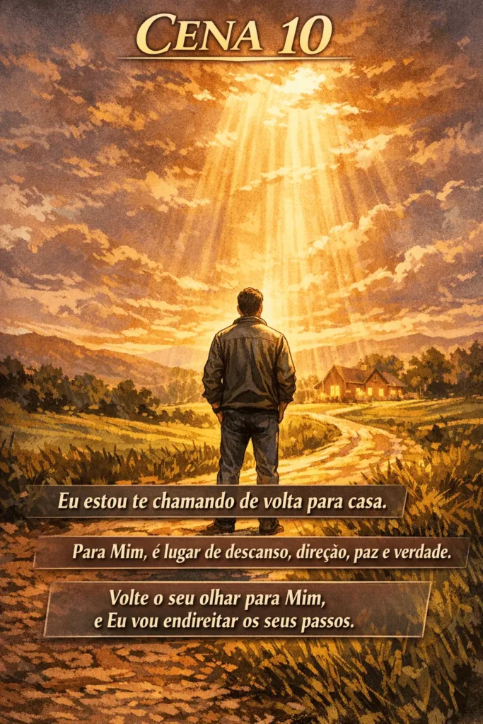Homem parado em uma estrada iluminada por raios de luz no céu representando retorno, direção espiritual e conexão com Deus