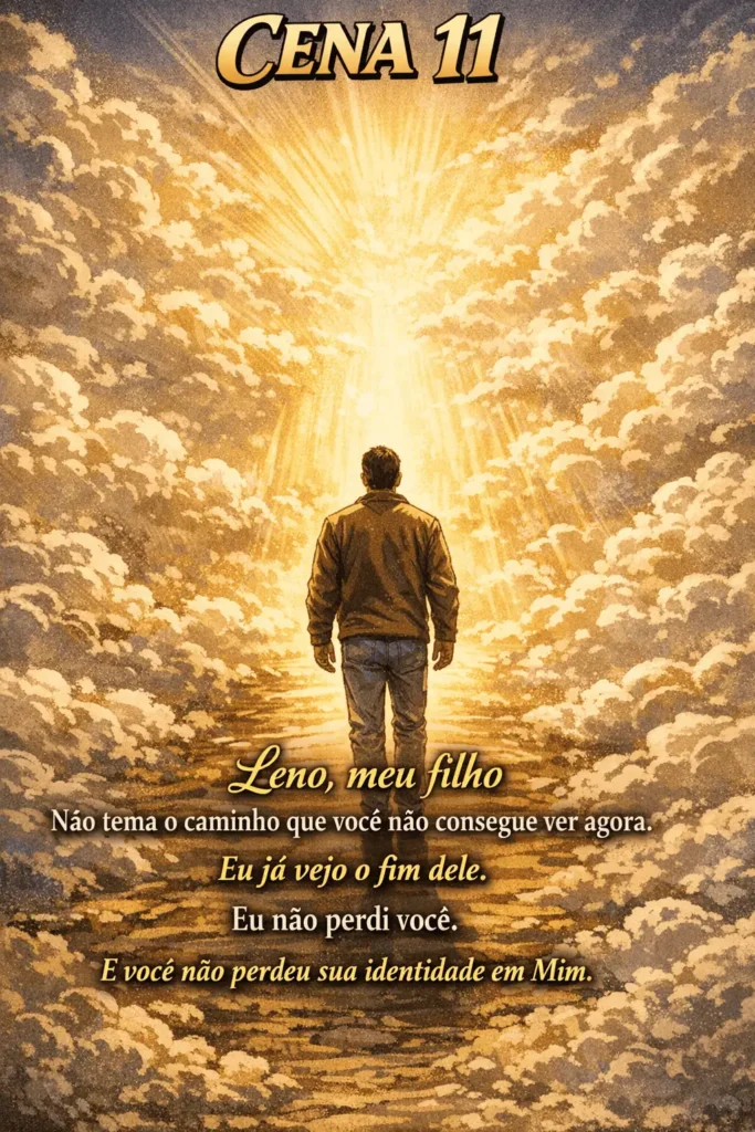 Cena 11 com mensagem de fé e esperança, mostrando um homem diante de um caminho iluminado por raios de luz divina entre as nuvens