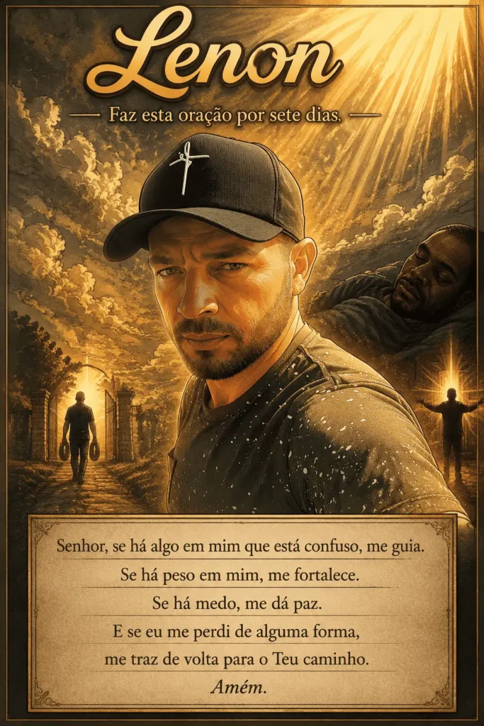 Imagem de oração cristã com mensagem de fé, mostrando homem diante da luz divina e reflexão espiritual sobre guia, força e paz de Deus