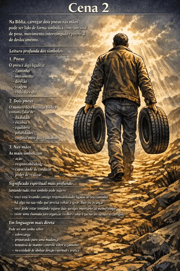 Homem carregando dois pneus em uma estrada de pedras representando responsabilidade, escolhas e direção espiritual na Bíblia