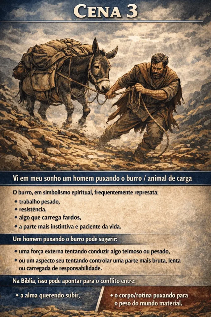 Homem puxando um burro carregado em uma estrada de montanha representando trabalho pesado, resistência e fardos espirituais