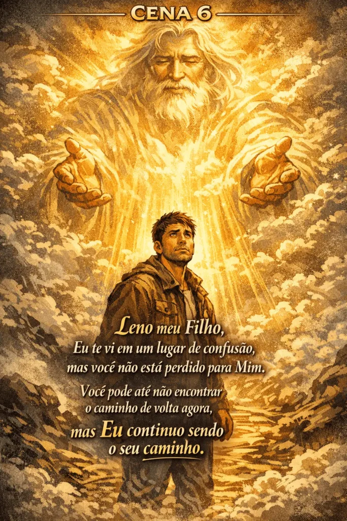 Homem olhando para uma figura divina iluminada no céu representando orientação, fé e direção espiritual