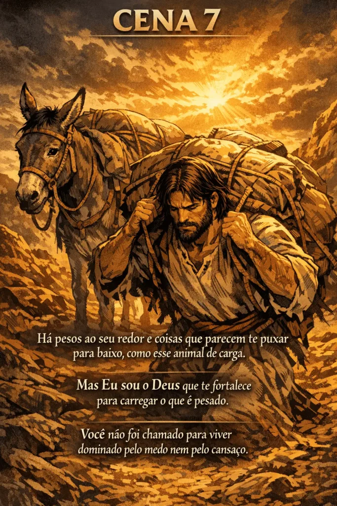 Homem carregando uma carga pesada ao lado de um burro em uma estrada representando força, resistência e desafios espirituais