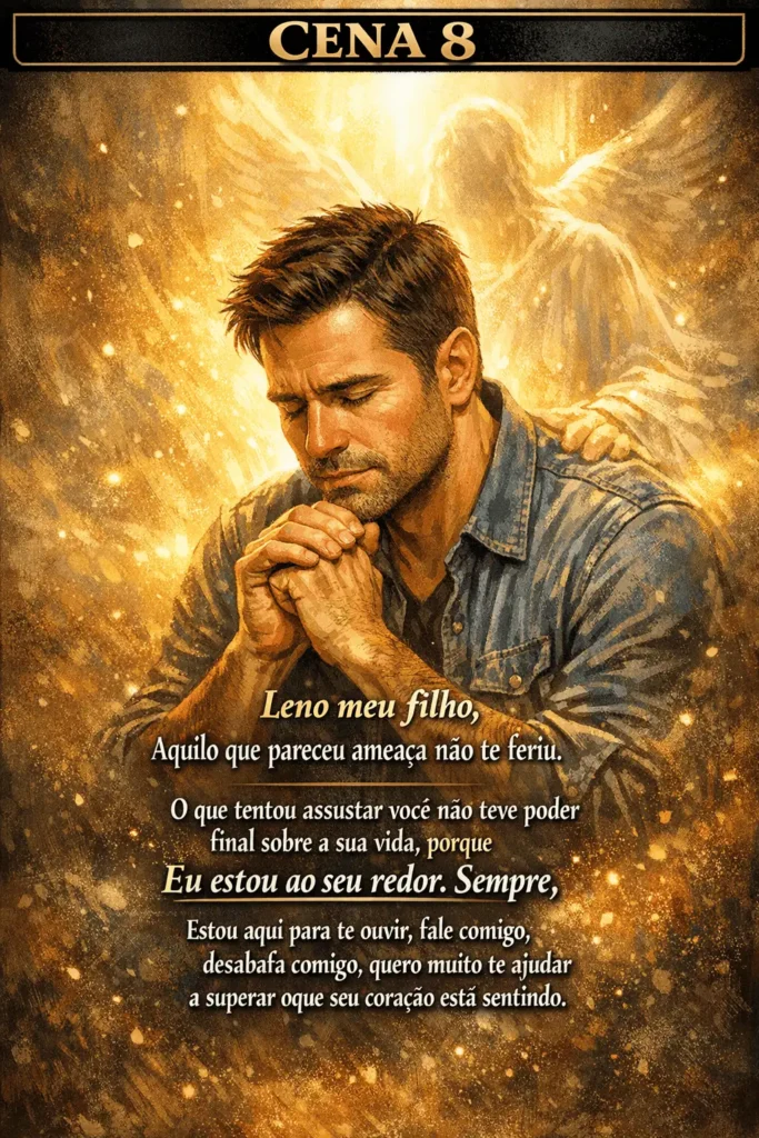 Homem orando com uma presença divina iluminada ao fundo representando proteção, fé e consolo espiritual