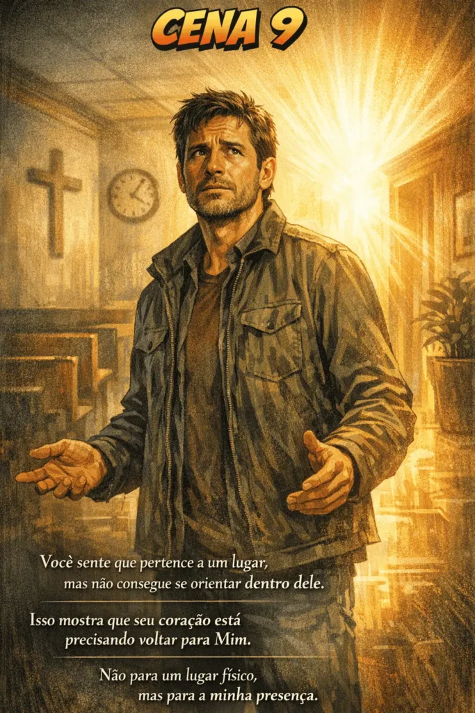 Homem em uma igreja com as mãos abertas diante de uma luz divina representando busca por direção espiritual e fé