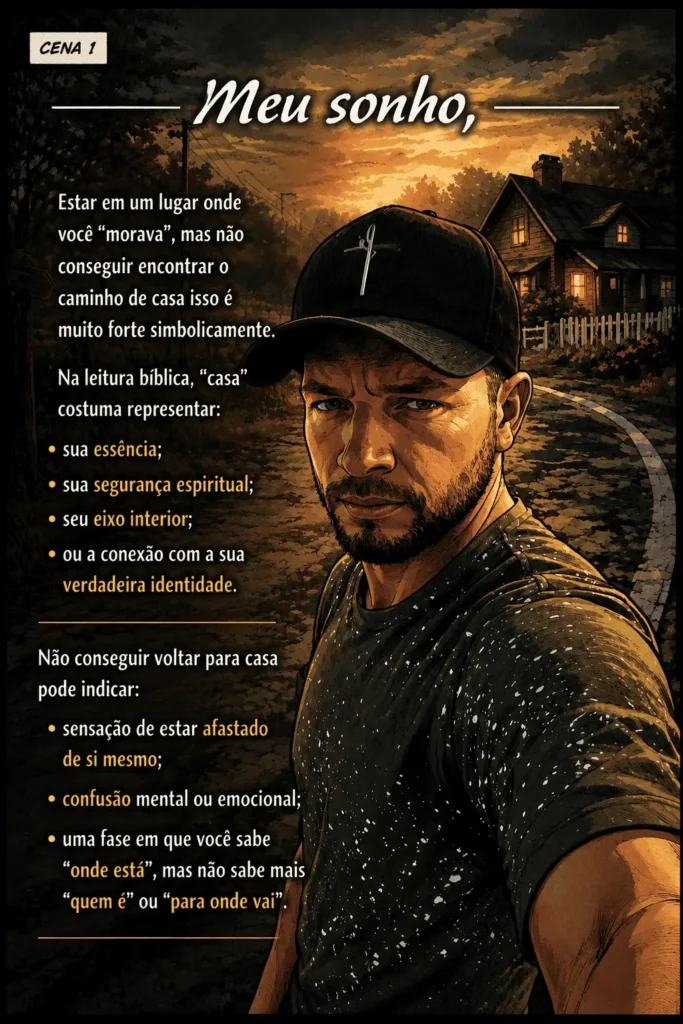 Homem em destaque em um caminho rural, com boné escuro e cruz branca, acompanhado de texto sobre o sonho de construir uma família e ter uma casa própria.